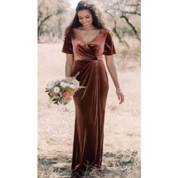 Revelry 4 Gwen Angel Sleeve Maxi Dress Terracotta Rust Crush Velvet - Picture 2 of 15